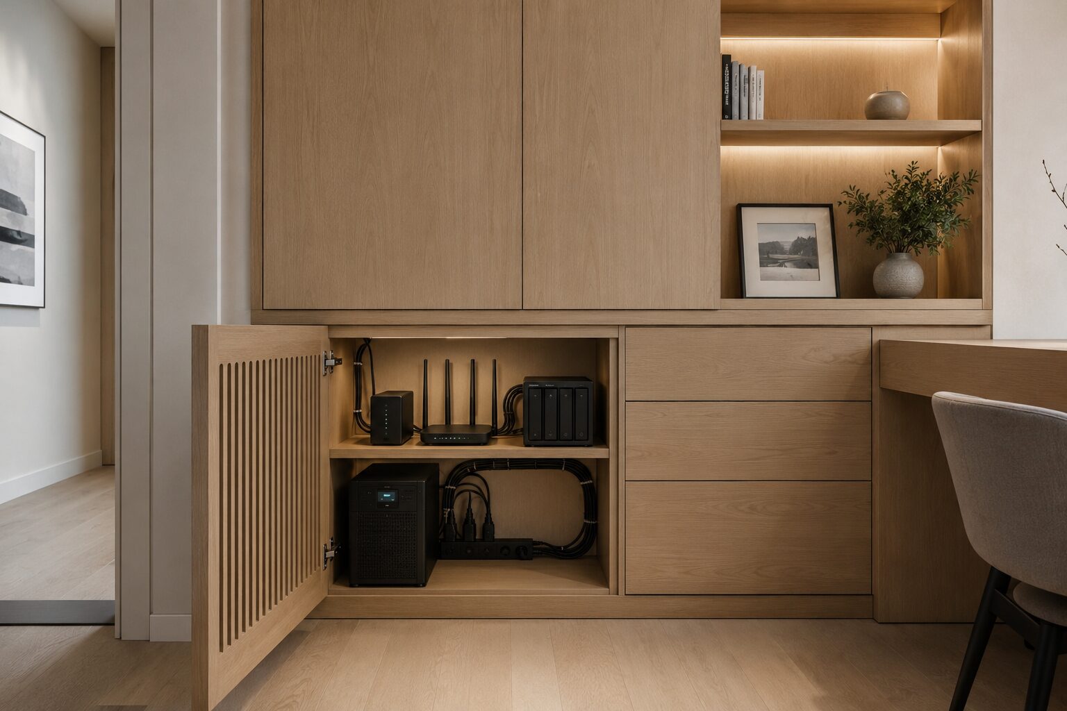 Custom built-in home office storage wall in a stylish modern apartment.