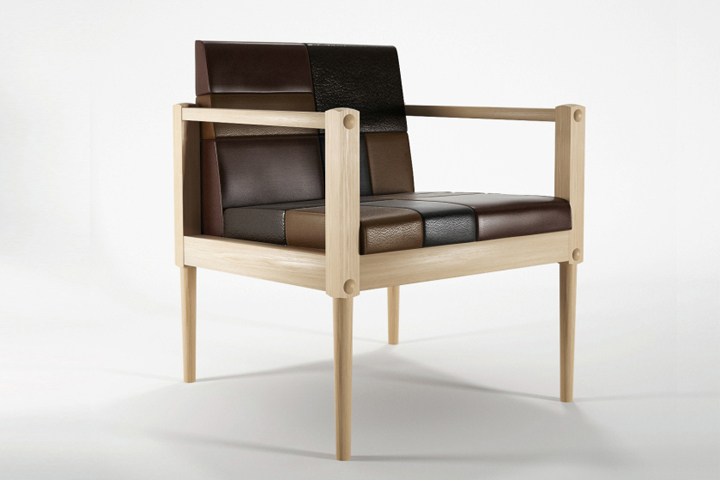Стильный дизайн кожаного кресла Katchwork chair с деревянными подлокотниками