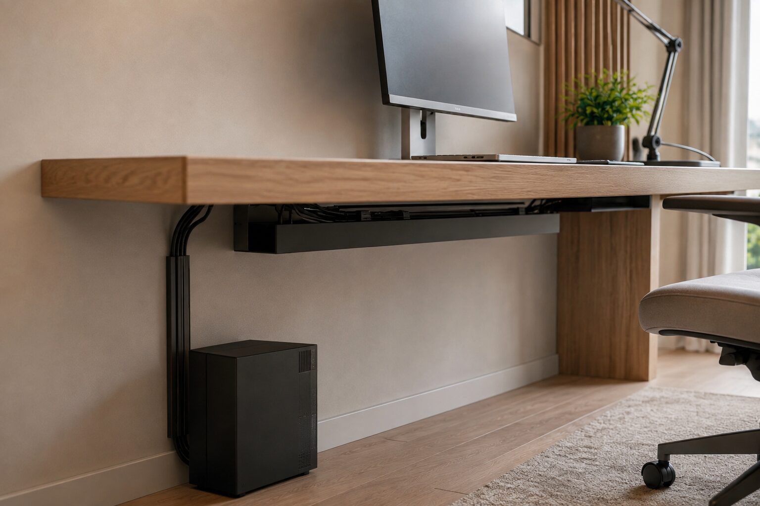 Minimalist home office desk viewed slightly from the side