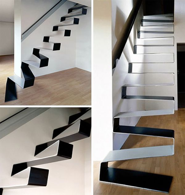 Фигурная лестница с металлическими ступеньками