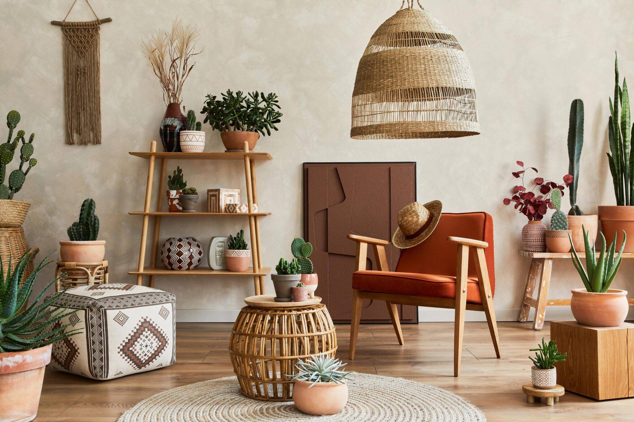 Уютный интерьер с растениями и плетёной мебелью Bridgerton decor