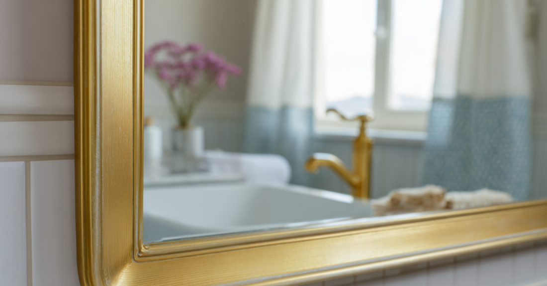 Зеркало с золотой рамой в ванной Bridgerton decor