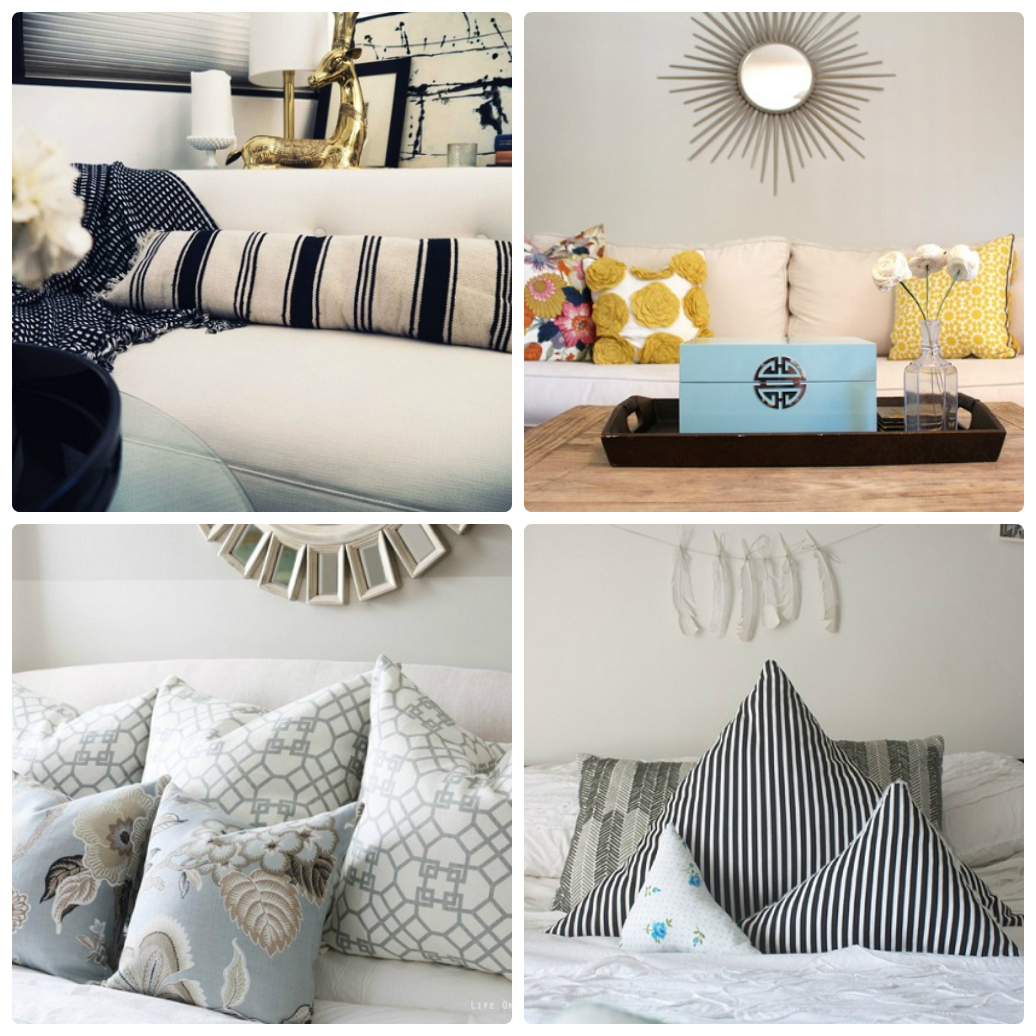 Разнообразные подушки с предметами декора