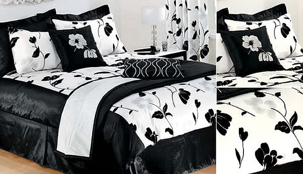 Чёрно-белый постельный комплект с цветами из полиэфира