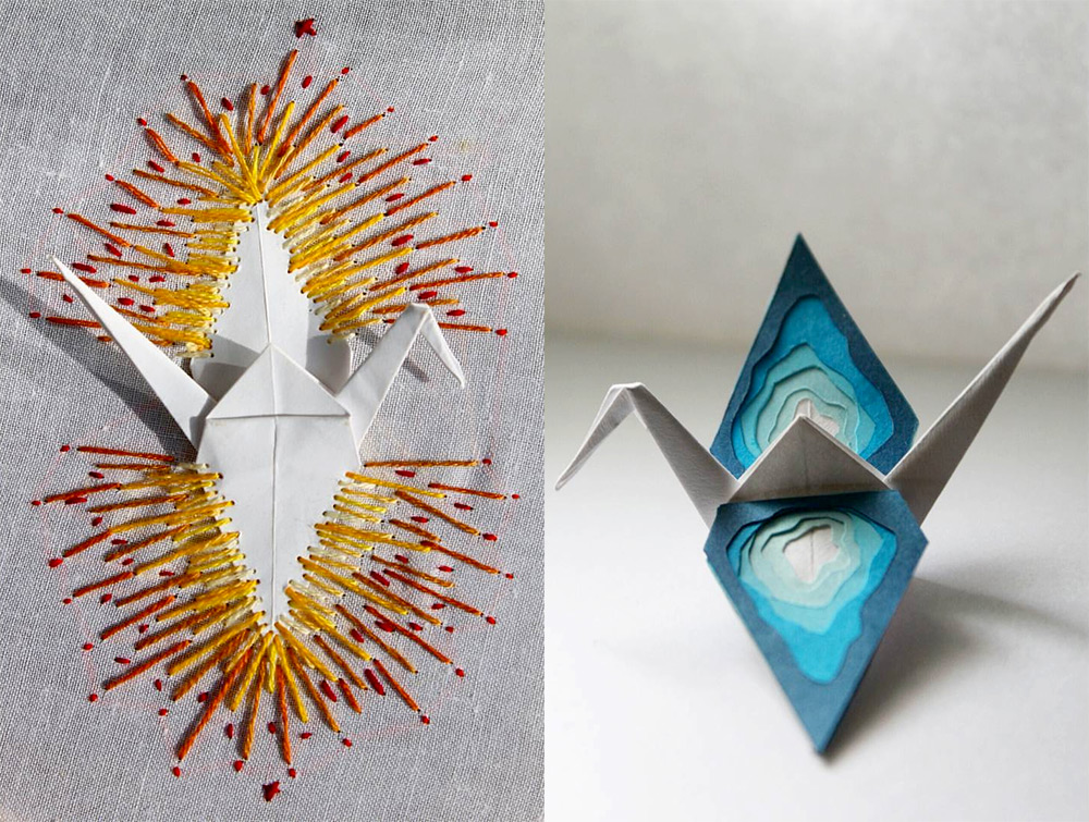 Страницы оригами-дневника из бумажных журавликов Кристиана Марянчука