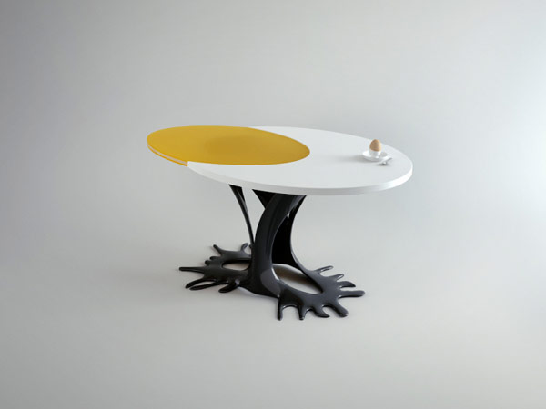 Необычный дизайн стола напоминает яичницу