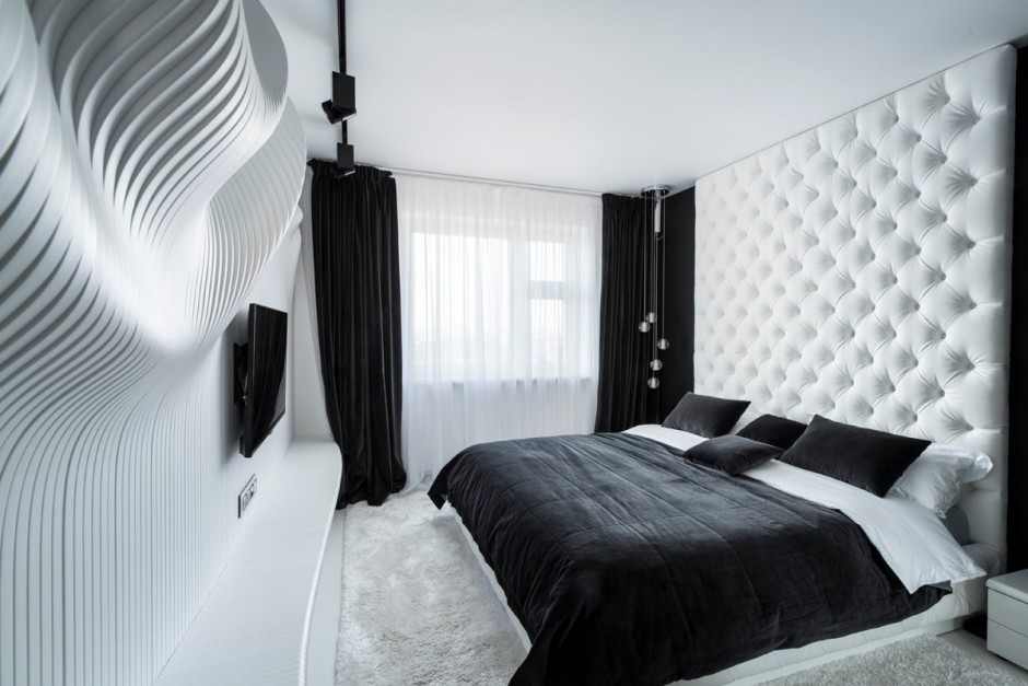 Дизайн черно белой спальни в необыкновенном футуристическом стиле
