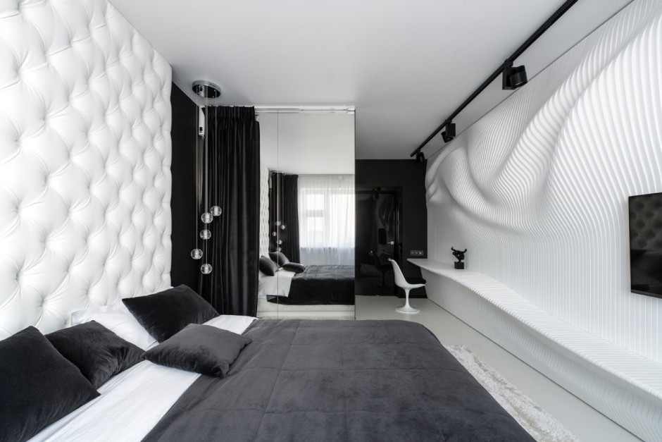 Черно белый интерьер спальни