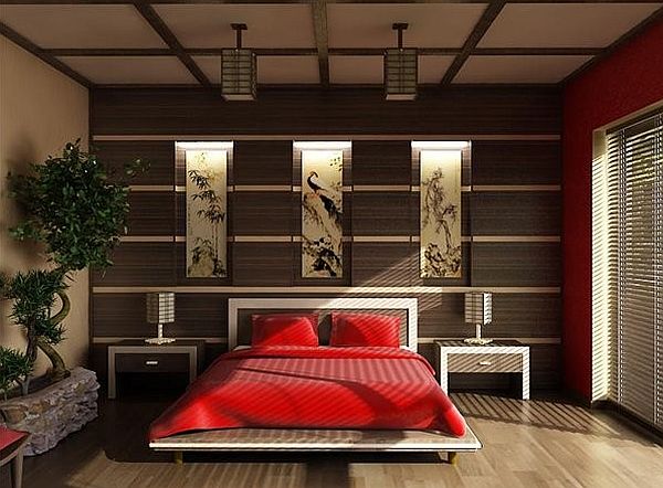 Красная кровать в спальне