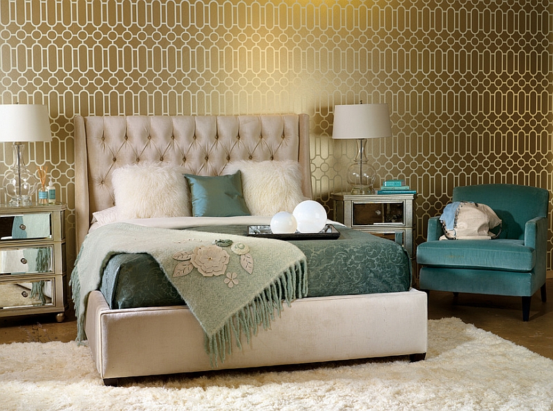 Уютная спальня, выполненная в золотисто-зеленом цвете