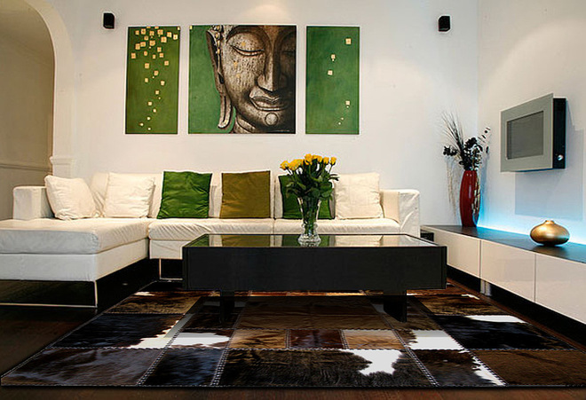 Изысканный лоскутный ковёр в убранстве современной комнаты