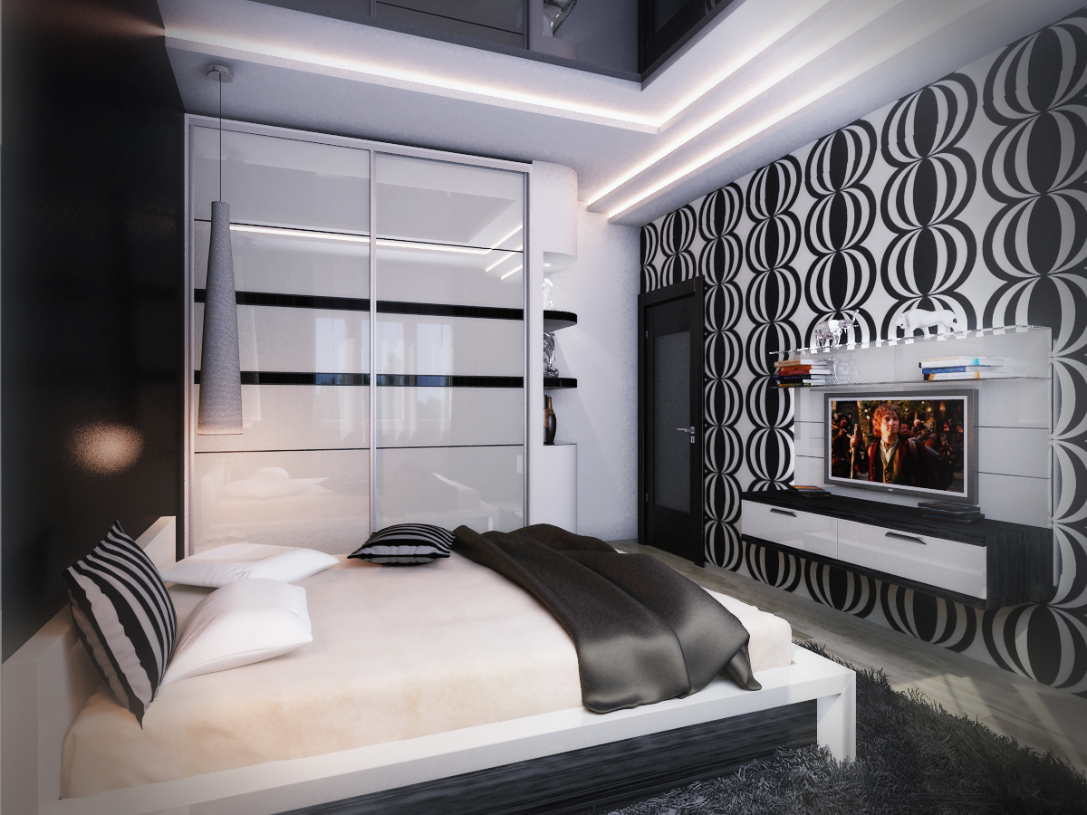 Черно-белый дизайн спальной комнаты