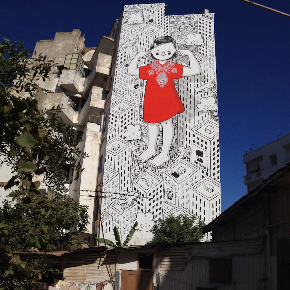 Милло: сюжетные фрески с забавными персонажами на городских многоэтажках