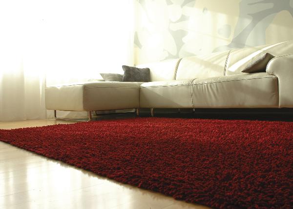 Объёмный красный ковёр в светлой гостиной