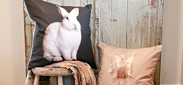 Декоративные подушки с изображением кролика и голубя